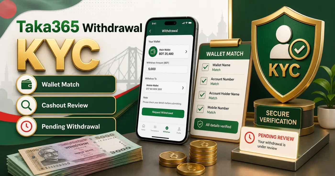 Taka365 withdrawal KYC and wallet match guide visual